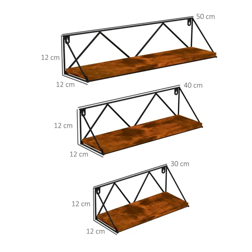 Set de 3 estantes de pared Jairo Homcom roble/negro 30/40/50 cm Soporte de 12 Pulgadas