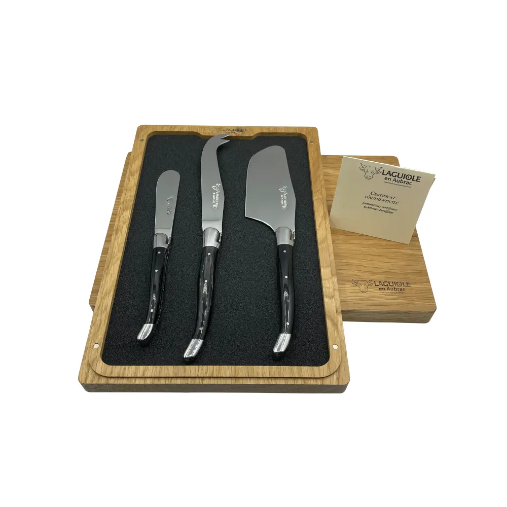 Laguiole en Aubrac Manual 3-Piece Cheese Knife Set Water Buffalo Horn Handle