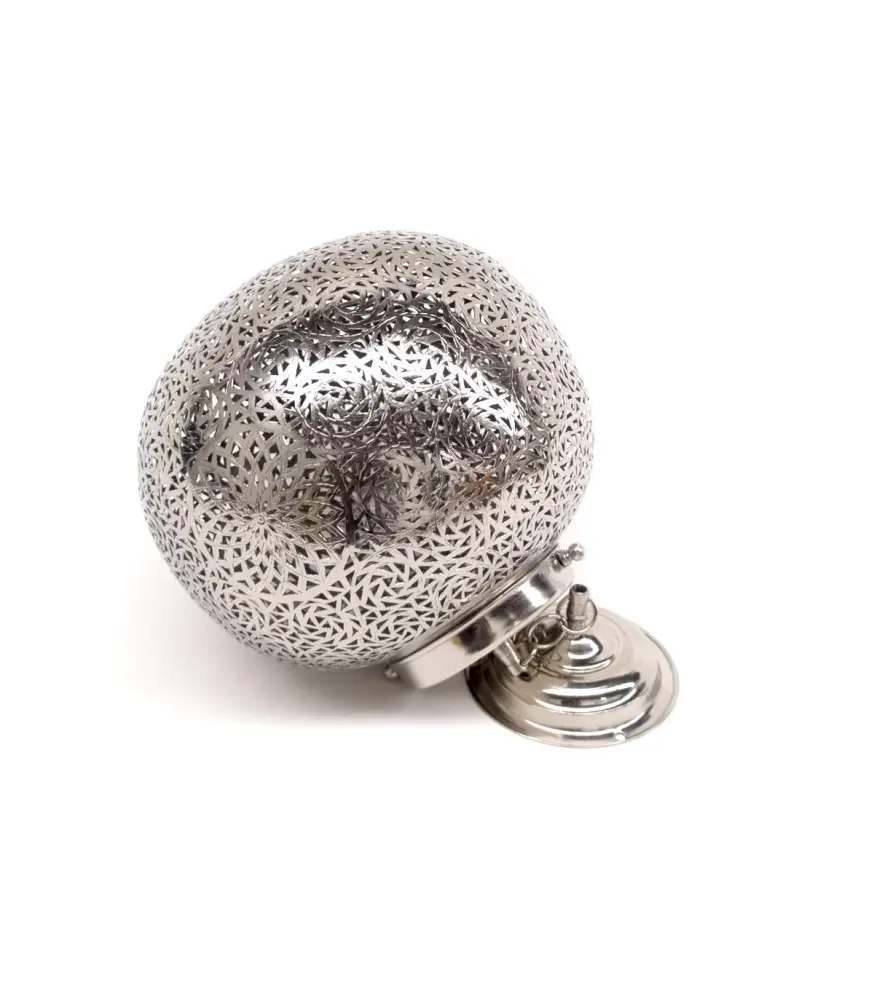 Lámpara Techo Árabe Esfera Artesaní Marroquí Niquelado Calado - Modelo kurwaa - 28 cm con Panel Solar