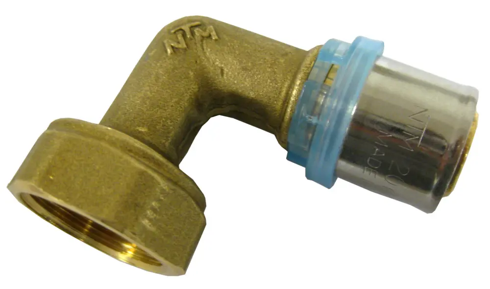 Racor acodado con tuerca libre d.16 para tubo multicapa engarzado Quick Plomberie