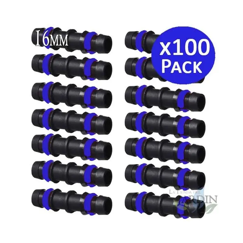100 x manguito goteo 16mm con anilla seguridad. Unión enlace para tubo de Suinga