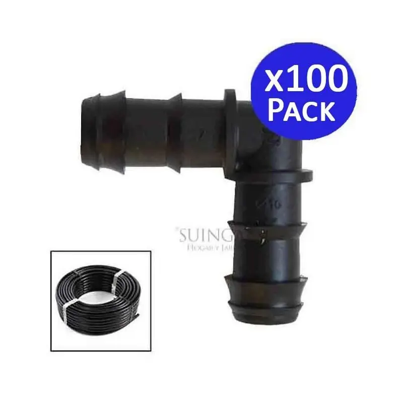 Pack 100 x codo riego por goteo 16mm negro Suinga