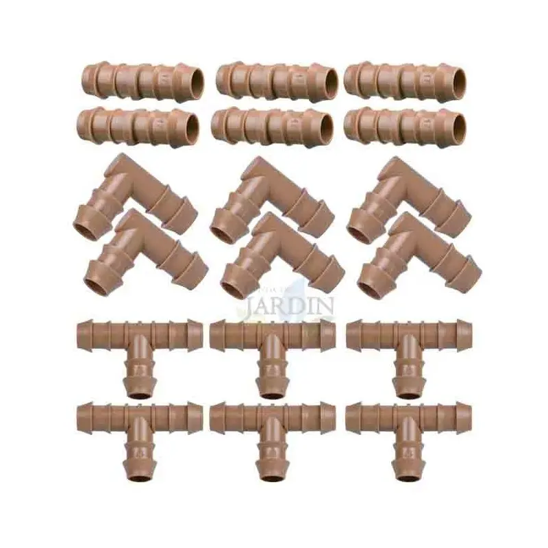 Pack riego por goteo 16mm: 6 te + 6 codo + 6 enlace. Tono marrón Suinga