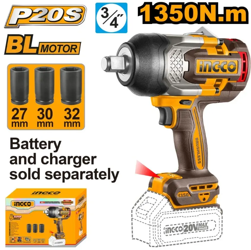 LLAVE DE IMPACTO BATERIA 3/4 1350NM + 3 DADOS S/ BAT INGCO