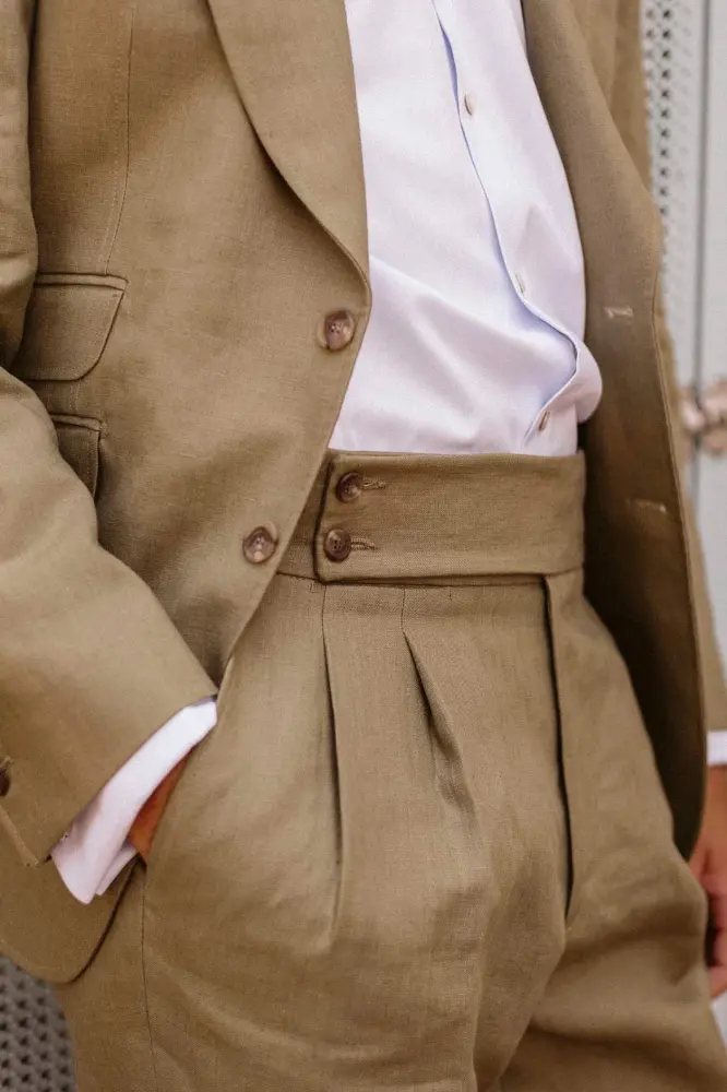 Pantalón MTM 100% Lino Verde Oliva Ceñidores y Cinturilla de 6cm