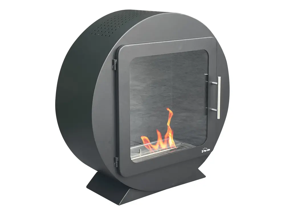 Estufa de etanol compacta con diseño innovador y puerta de seguridad