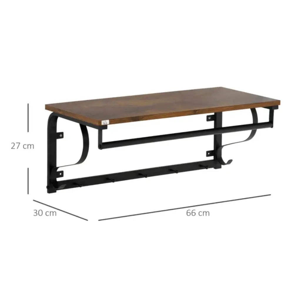 Estanterí de pared Homcom flotante 5 ganchos 1 barra negro/natural 27x66x30 cm para Estantes de Vidrio