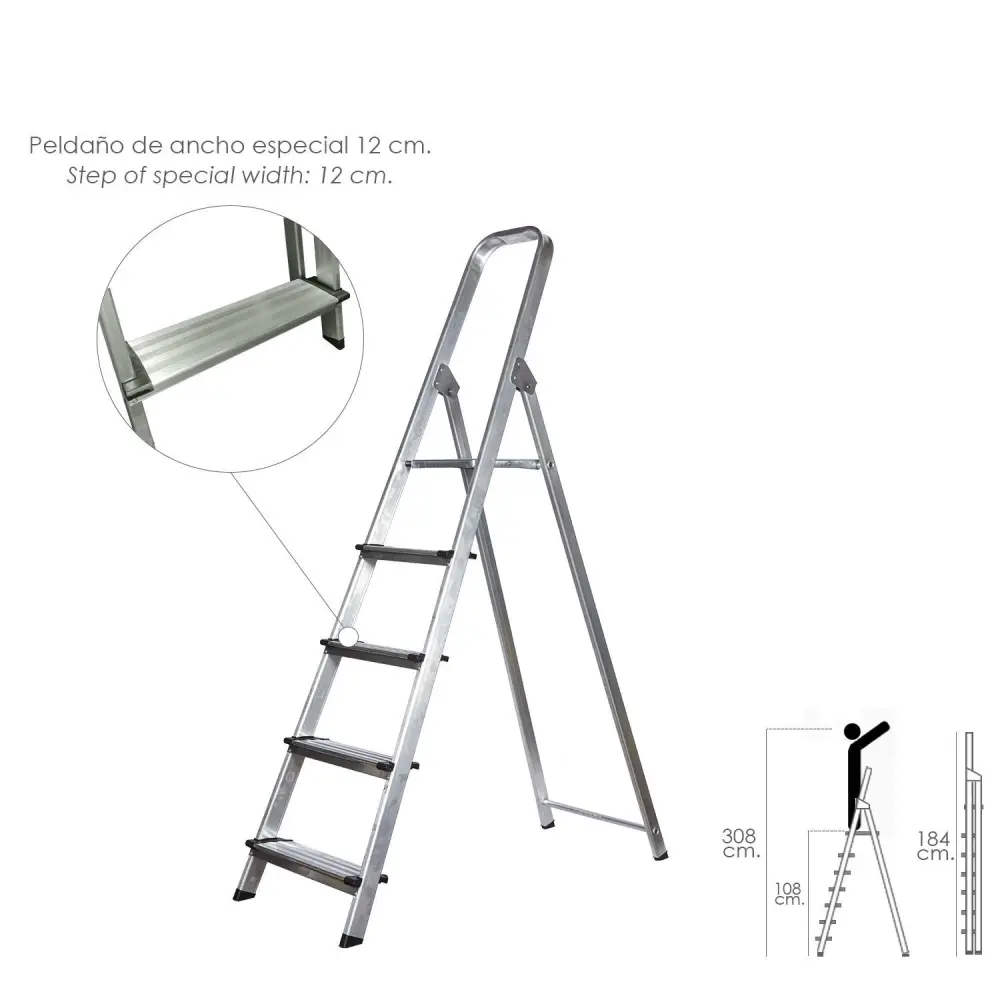 Escalera doméstica aluminio profesional 5 peldaños 12 cm grosor. Wolfpack Linea Profesional