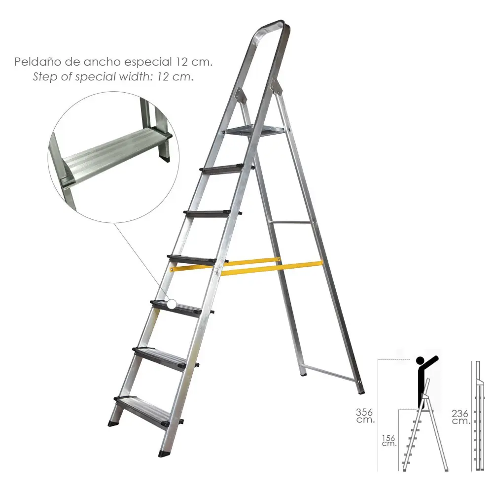 Escalera doméstica aluminio profesional 7 peldaños 12 cm grosor. Wolfpack Linea Profesional