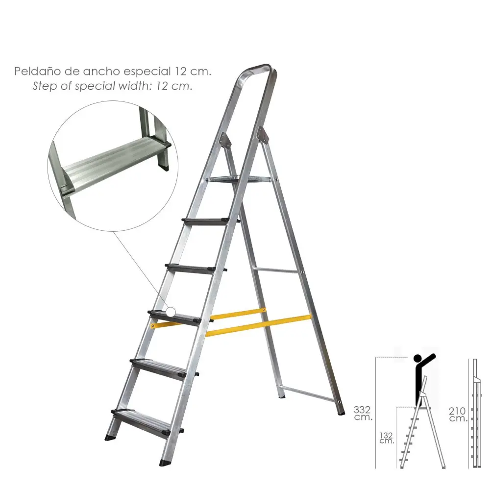 Escalera doméstica aluminio profesional 6 peldaños 12 cm grosor. Wolfpack Linea Profesional