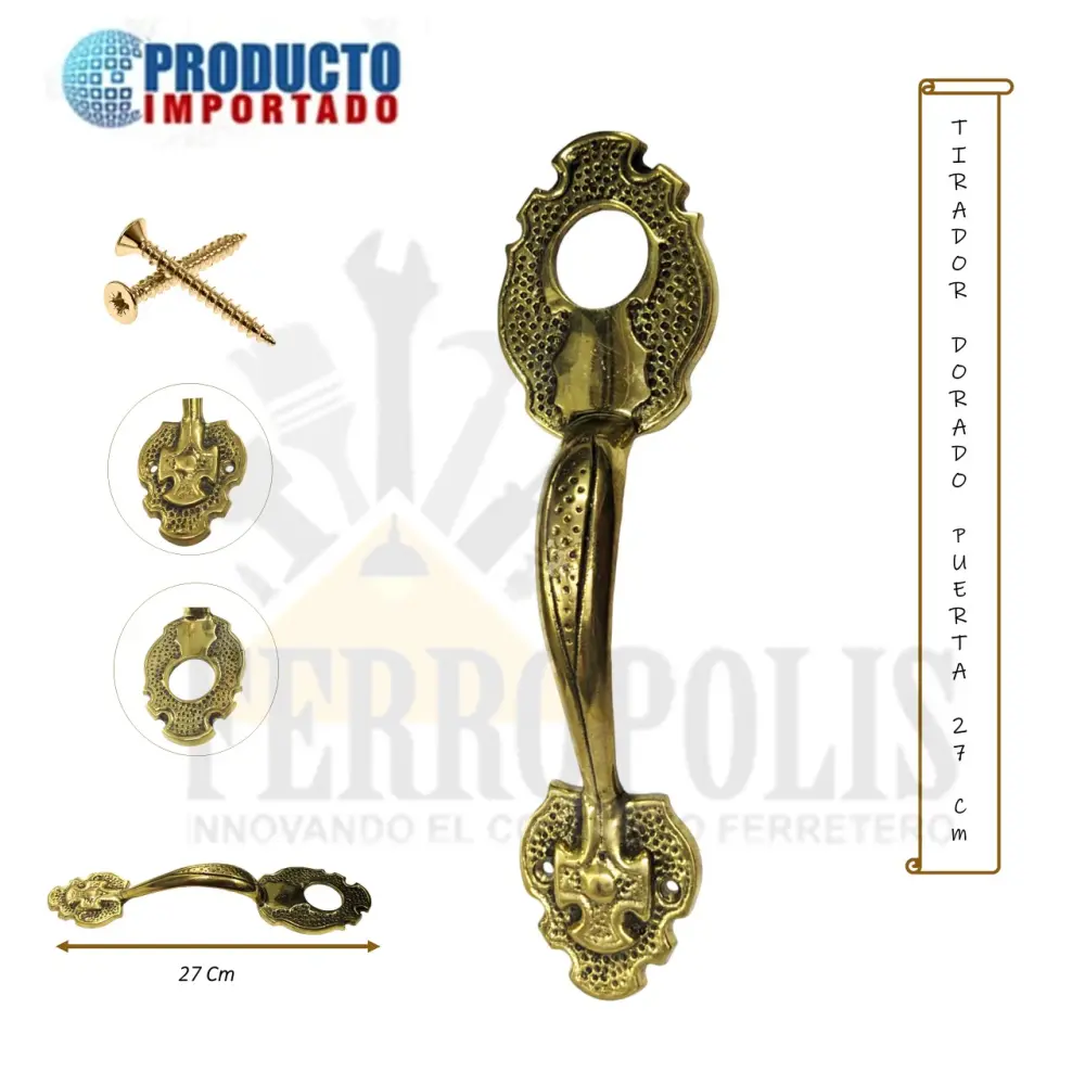 TIRADOR DORADO PARA PUERTA CON DISEÑO 27cm inc. tornillos