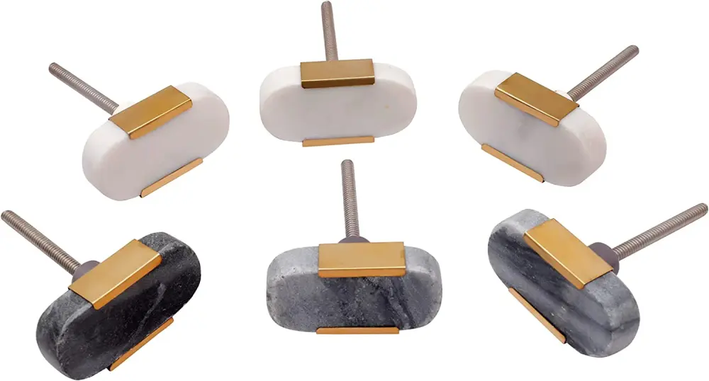 Pomos tiradores de piedra ovalados tono pizzara con líneas doradas - Juego de 6 para cocina y baño con Instalación Rápida