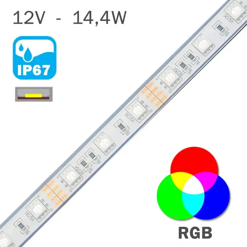 Luz de Ambiente Tira LED Estanca 12V 14,4W IP67 60 LEDs/m RGB Rollo 5 Metros
