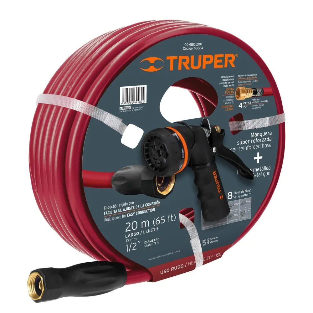 Combo de manguera MAN-20X1/2X y pistola PR-208, 20 m Fácil Instalación