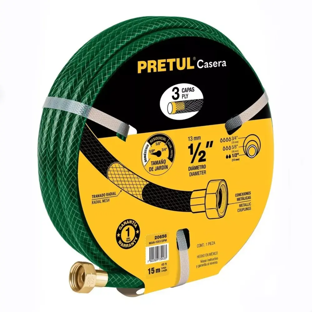 Manguera 1/2" reforzada 3 capas conexiones acero 15m, pretul MAN-15X1/2PM