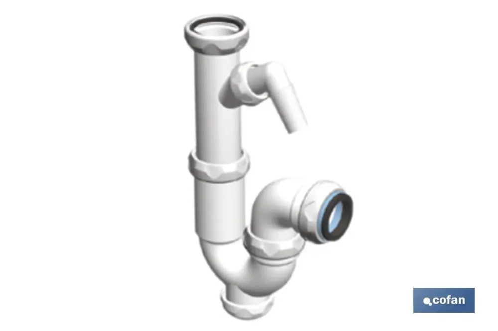 Sifón curvo con salida ø32-40, racor 1 1/2 y toma auxiliar Cofan