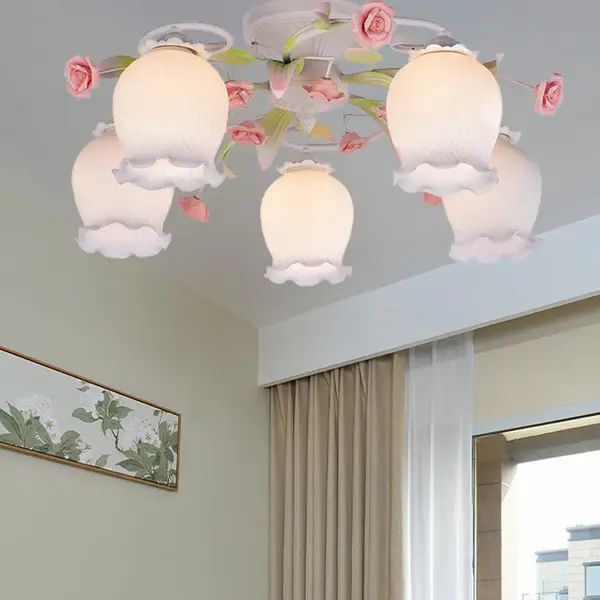Luz Decorativa Lampada da soffitto semi-incasso metallo bianco smerlato 5 lampadine con fiori pastorali per camera da letto