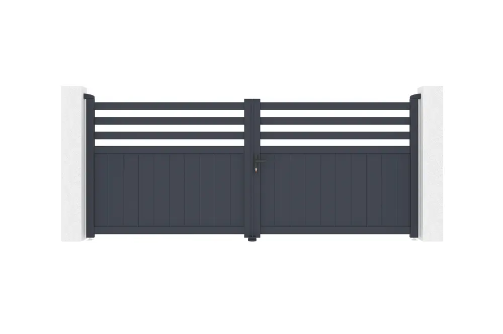 Puerta abatible 3,4m nevis al.140cm alu gris + 2 postes 20x20cm al.166cm