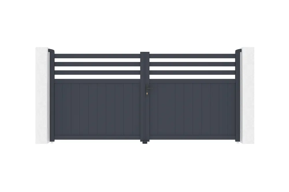 Puerta abatible 3,4m nevis al.160cm aluminio + 2 postes 15x15cm al.190cm