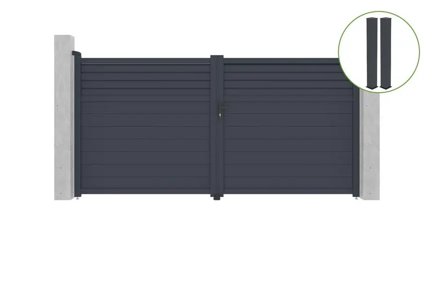 Puerta abatible 3,5m carpatia al.180cm alu gris + 2 postes 20x20cm al.190cm