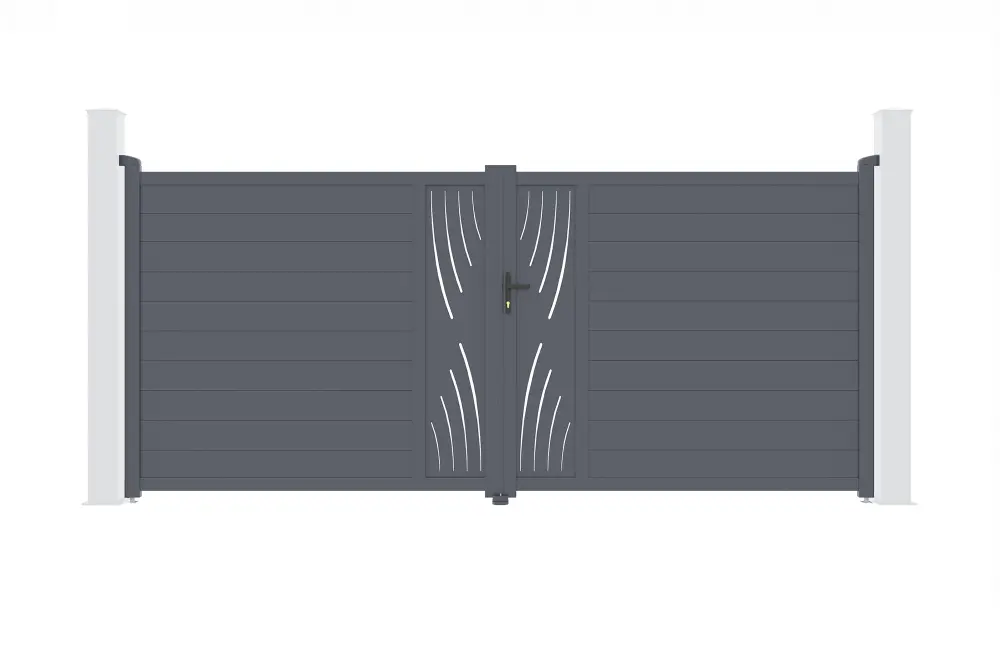 Puerta abatible 4m veleta al.180cm alu gris + 2 postes 20x20cm al.190cm