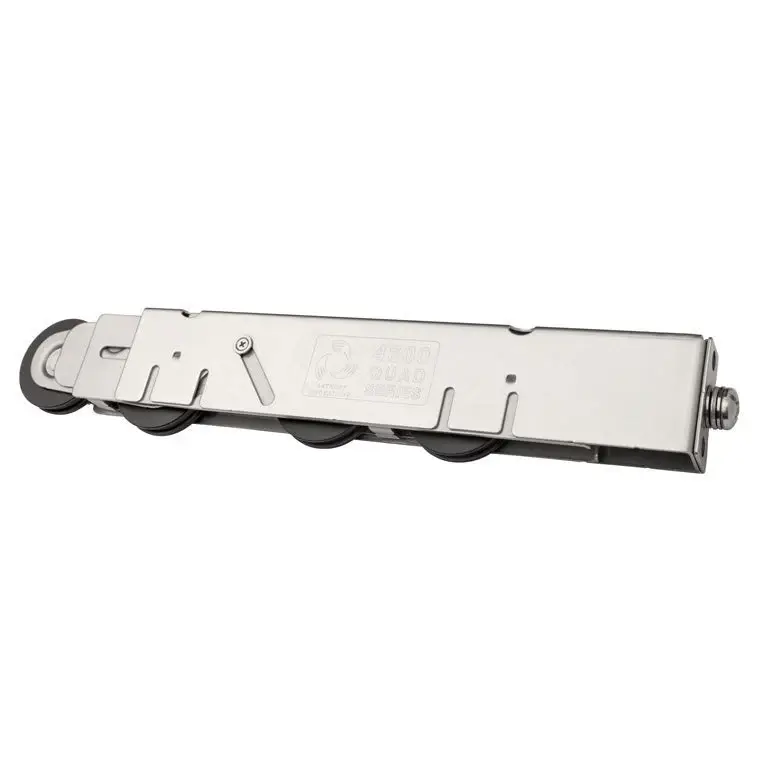 Puerta corrediza de vidrio QUADZilla de cuatro rodillos, acero inoxidable, con ruedas de polímero de 4,6 cm